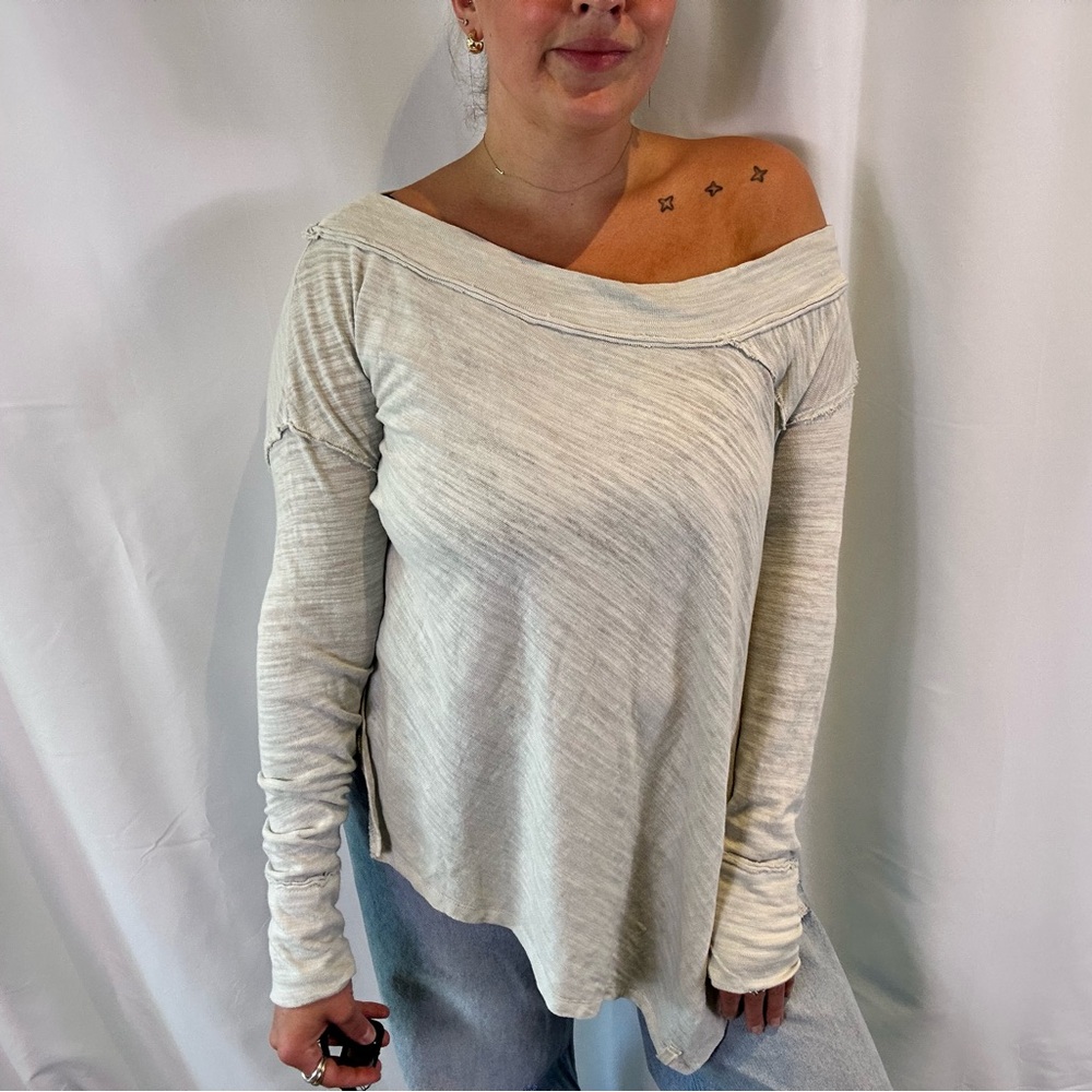 Heathered greige long sleeve off the shoulder top